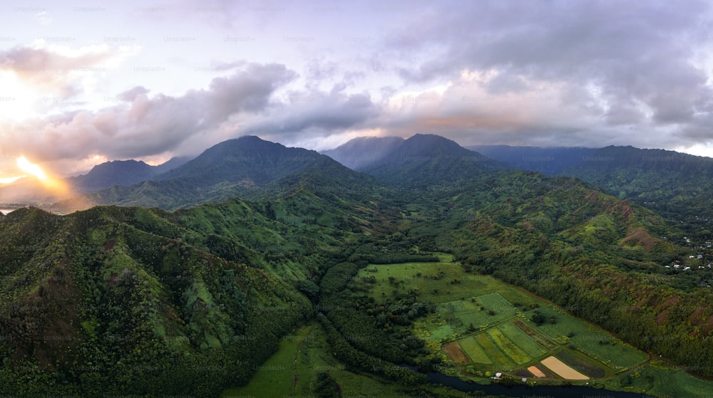 una veduta aerea di una valle verde e lussureggiante