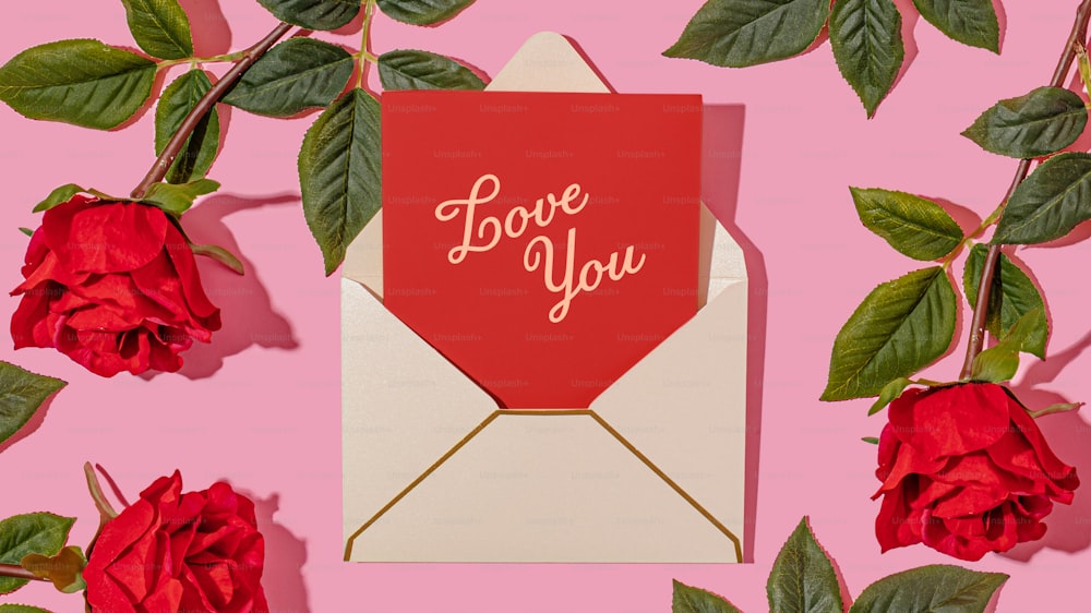 a red envelope with a love you card on top of it