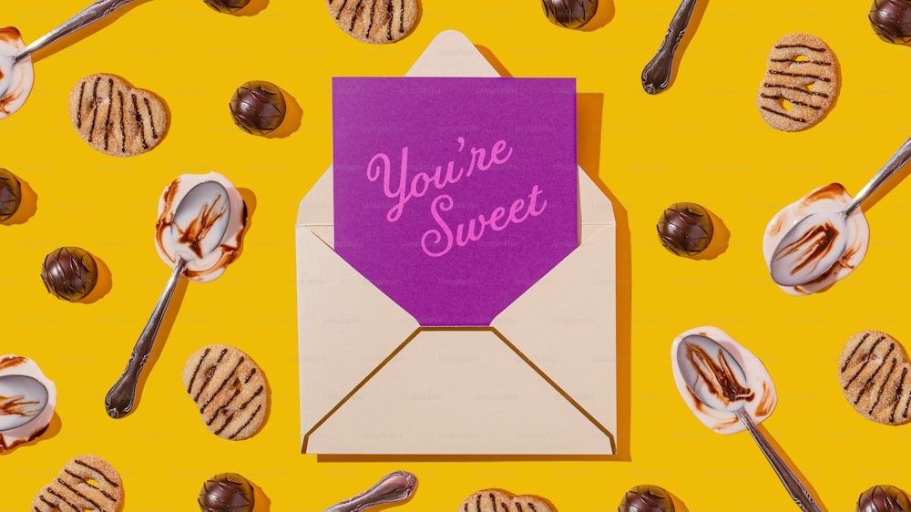 an envelope with a purple card that says you're sweet