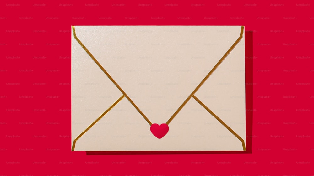 um envelope branco com um coração vermelho sobre ele