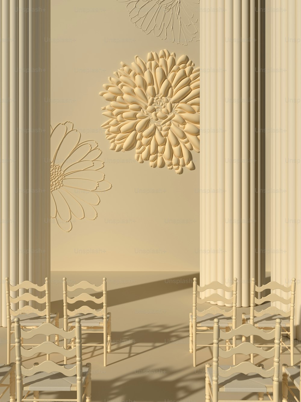 a room filled with white chairs next to columns