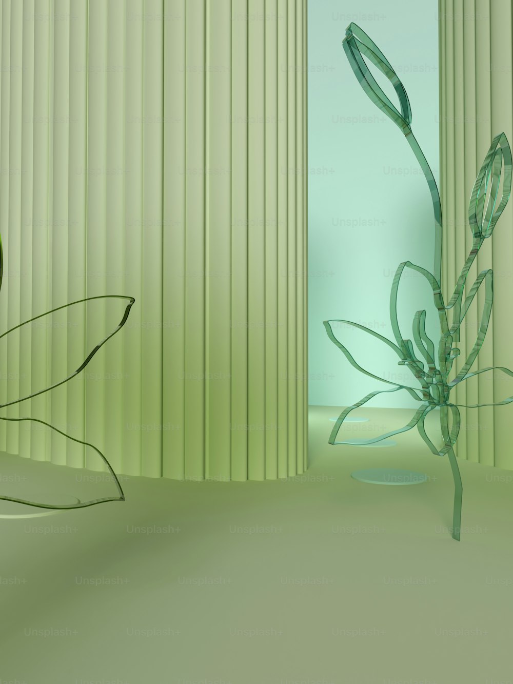 uma sala com uma planta verde no meio da sala