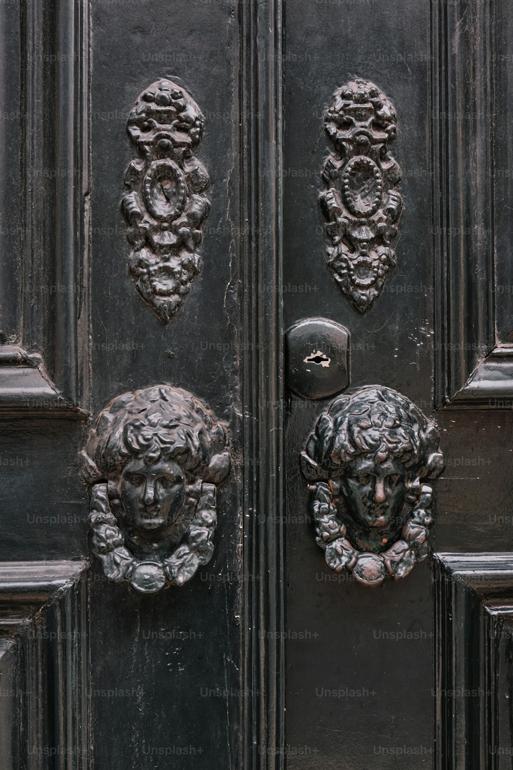a close up of a door with two lions on it