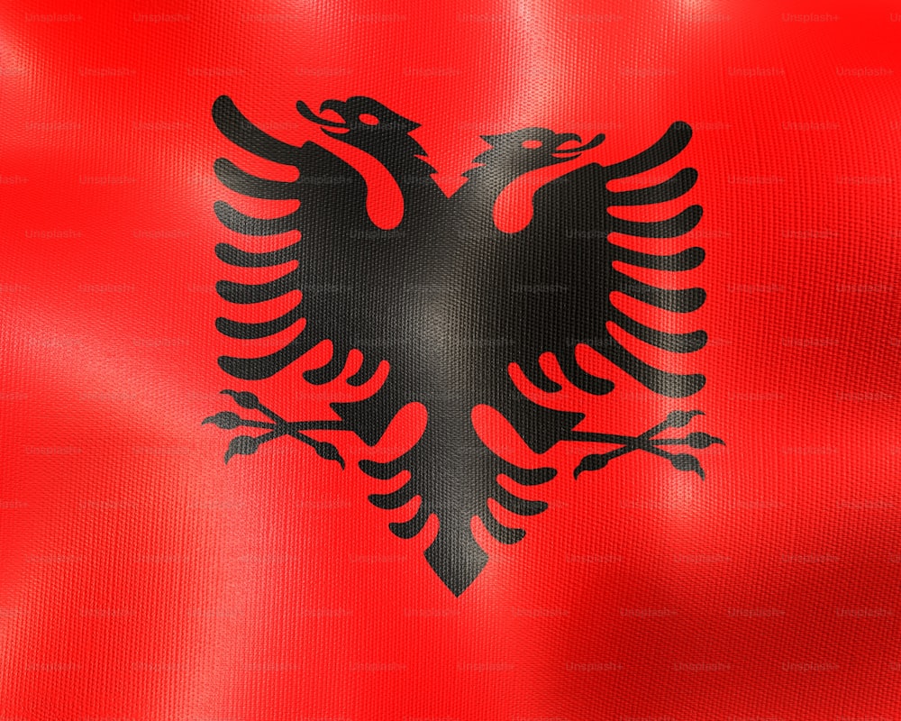 Un drapeau rouge et noir avec un aigle noir dessus