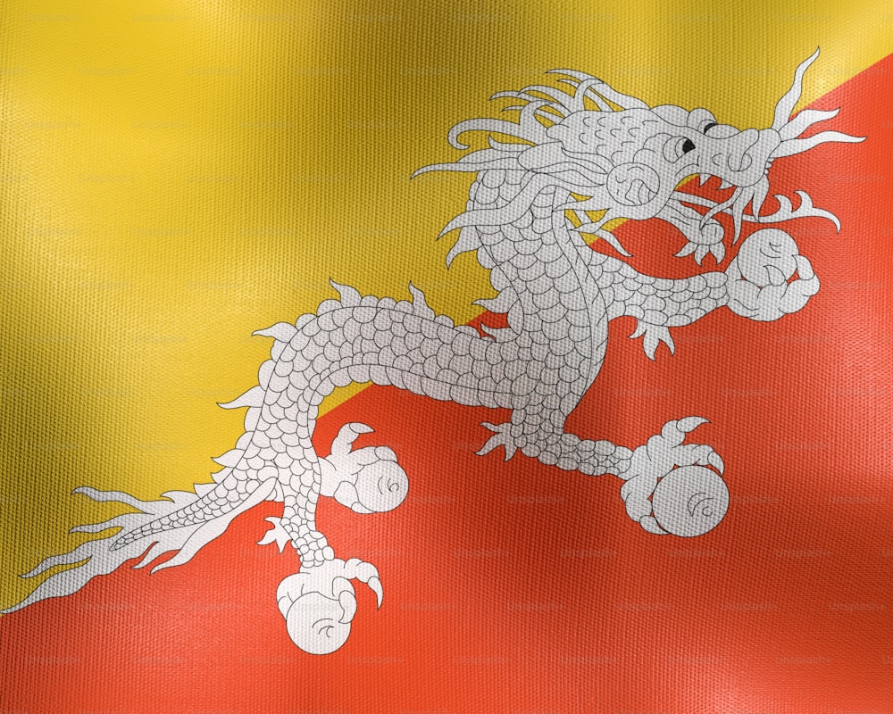 un gros plan d’un drapeau avec un dragon dessus