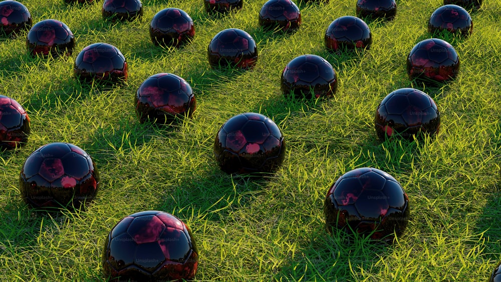 a field full of black balls sitting on top of a lush green field