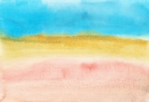 une peinture d’un ciel bleu, jaune et rose