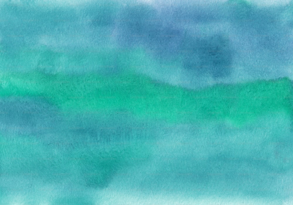 a watercolor painting of a green and blue sky