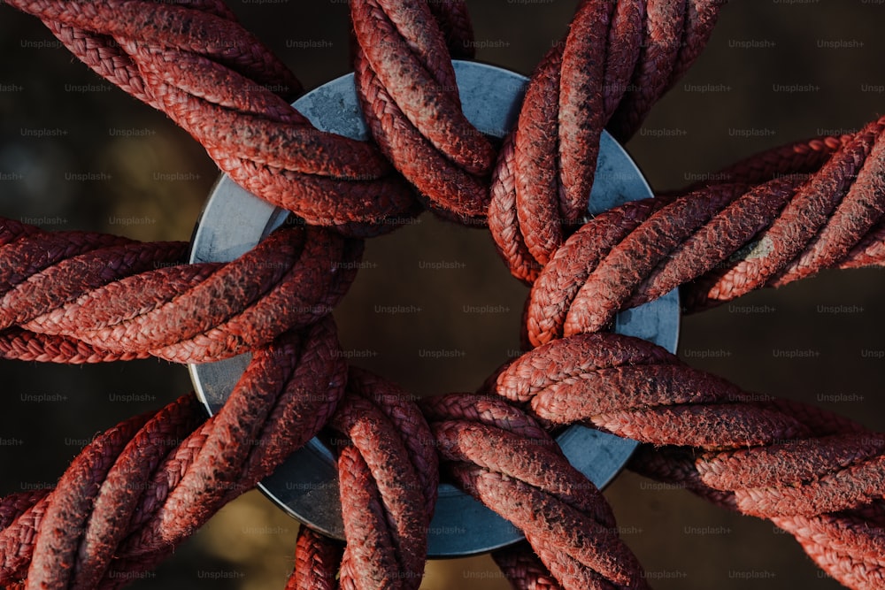 a close up of a metal object with red rope