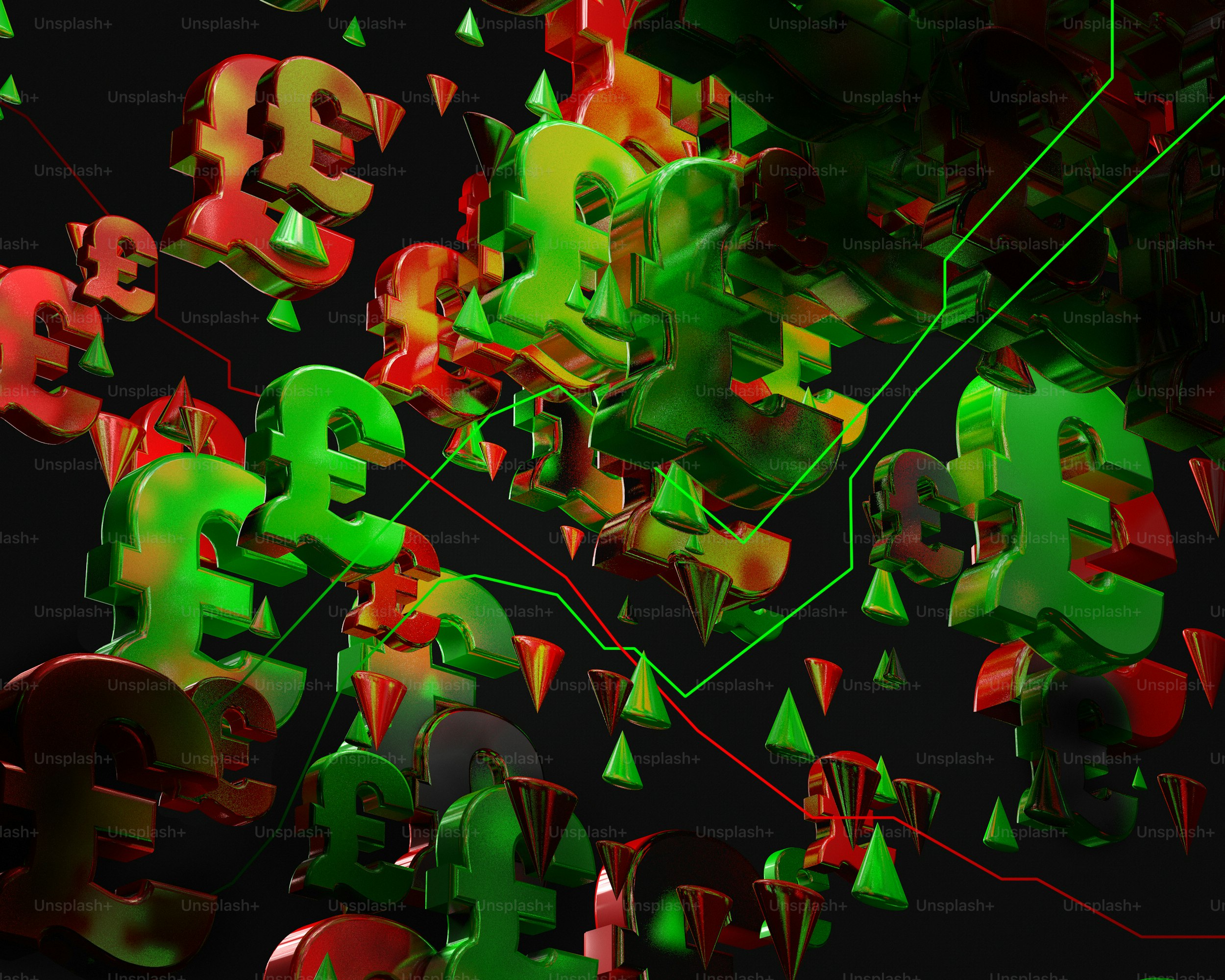 a bunch of green and red 3d numbers on a black background