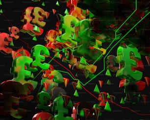 a bunch of green and red 3d numbers on a black background