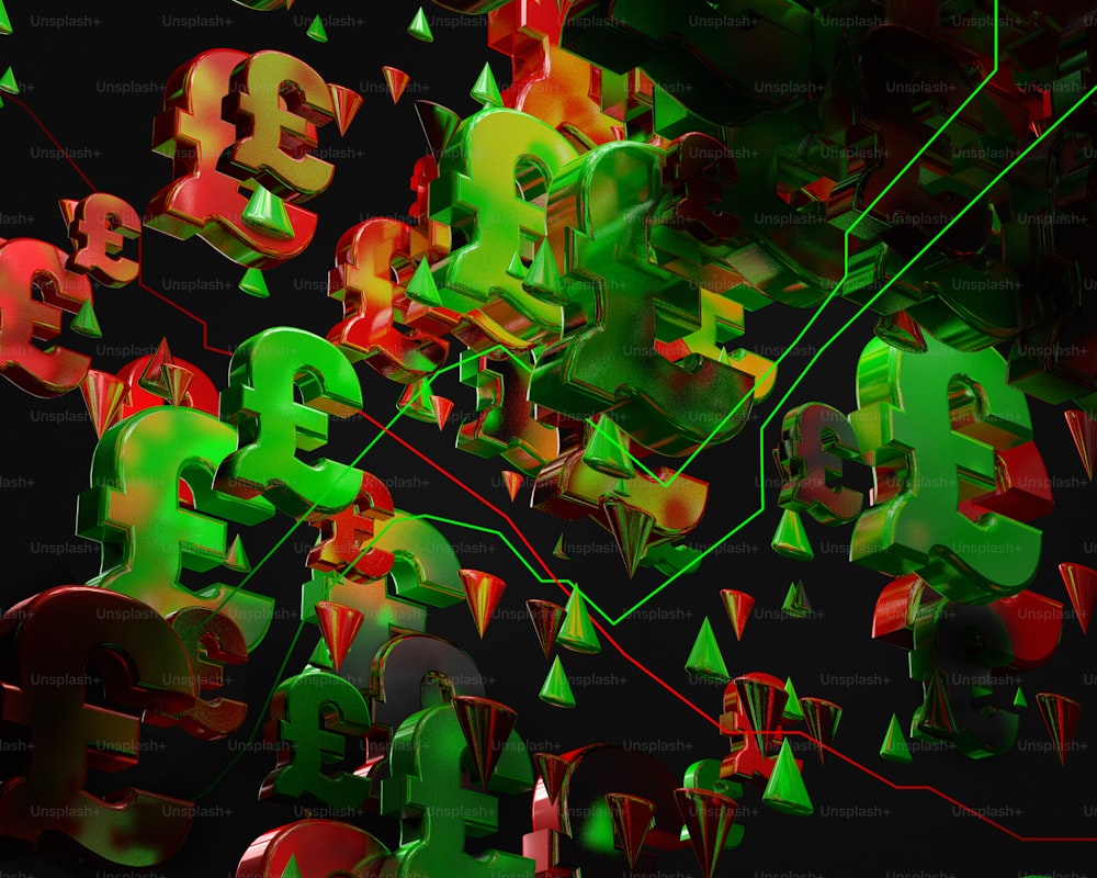 Un montón de números 3D verdes y rojos sobre un fondo negro