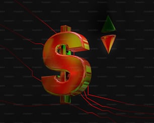 Un signo de dólar rojo sentado junto a una flecha verde