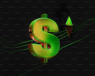 Un signo de dólar verde sentado sobre un fondo negro