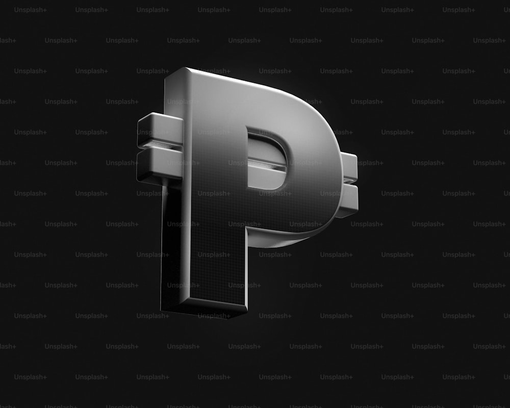 a metallic letter p on a black background