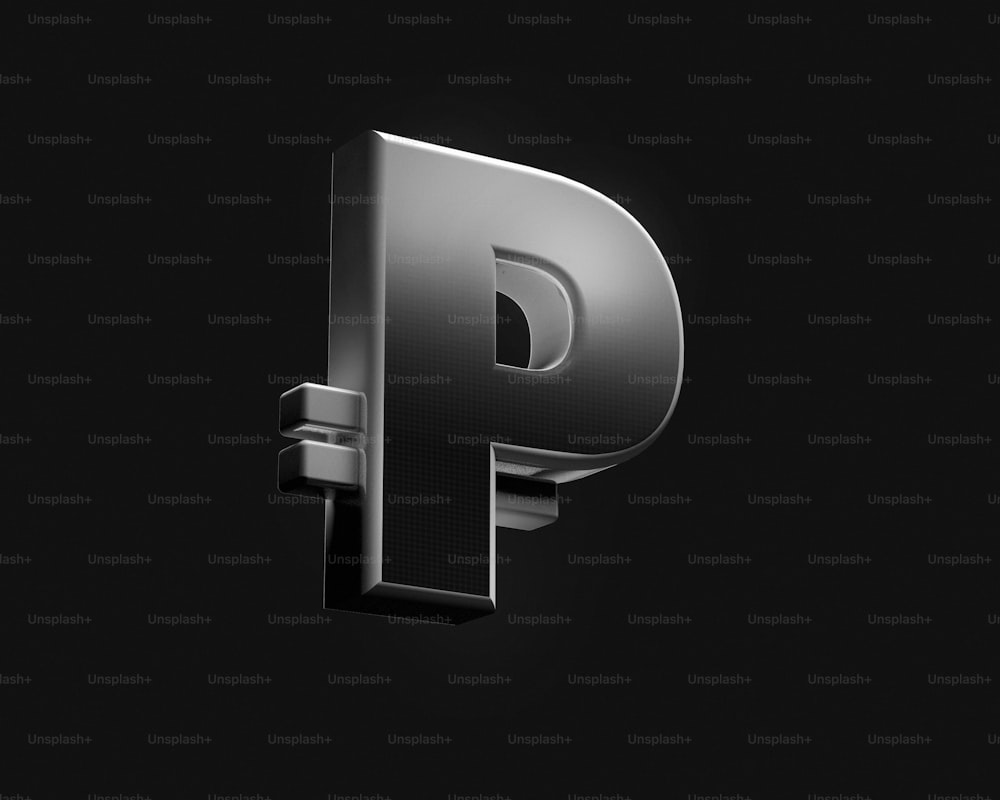 a metallic letter p on a black background