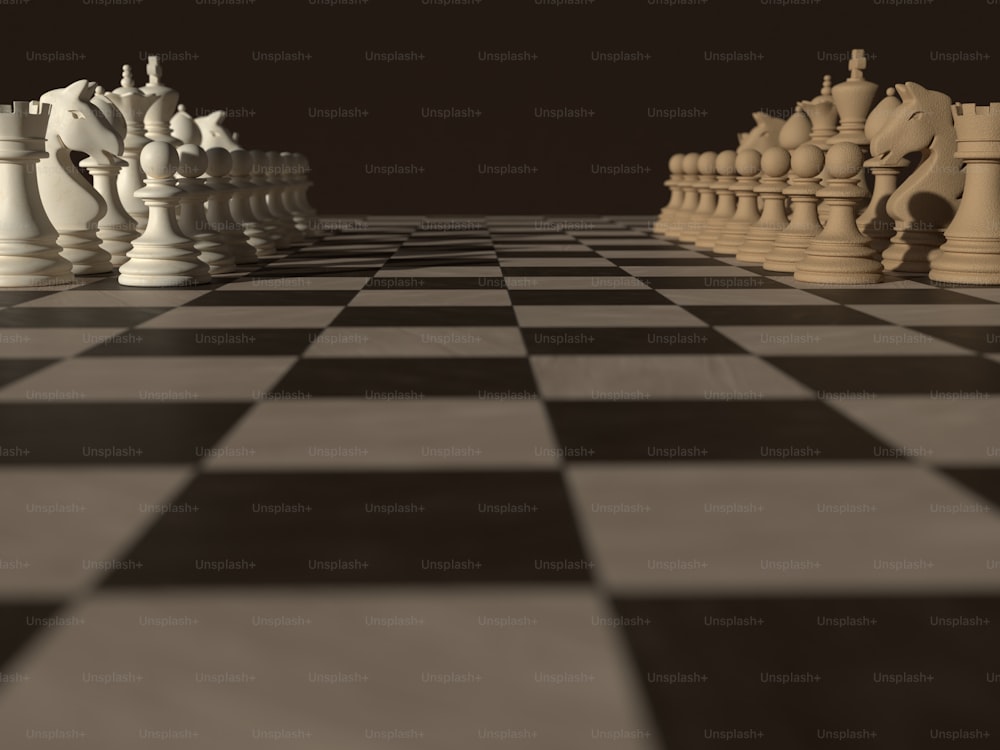 um tabuleiro de xadrez preto e branco com peças brancas