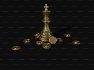 a golden chess piece surrounded by gold cups