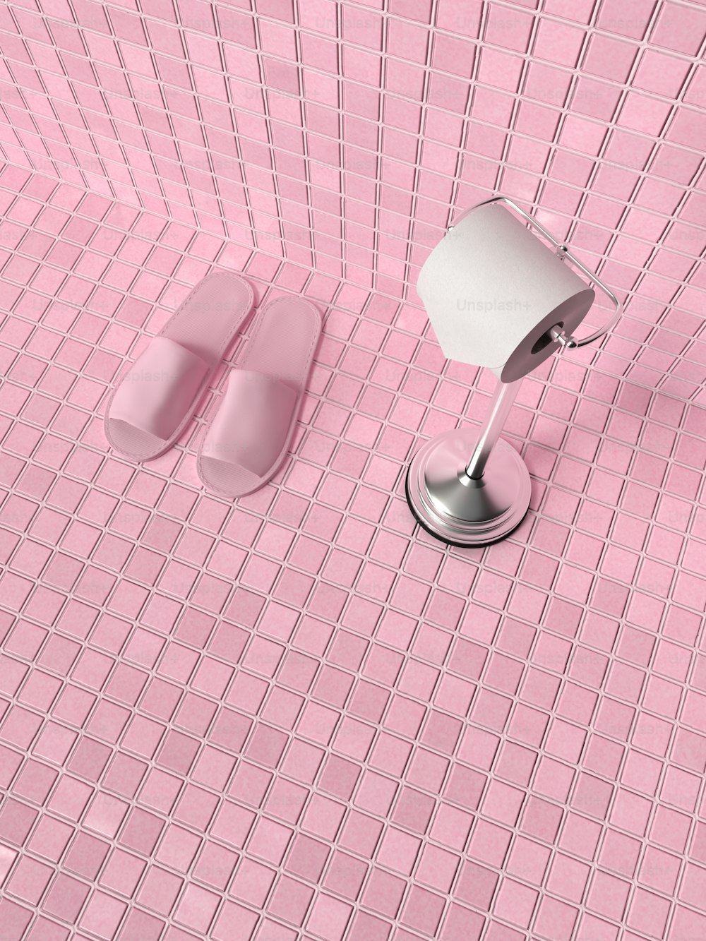 un sol rose avec une lampe et une paire de pantoufles