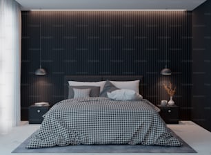 una camera da letto in bianco e nero con un copriletto a scacchi