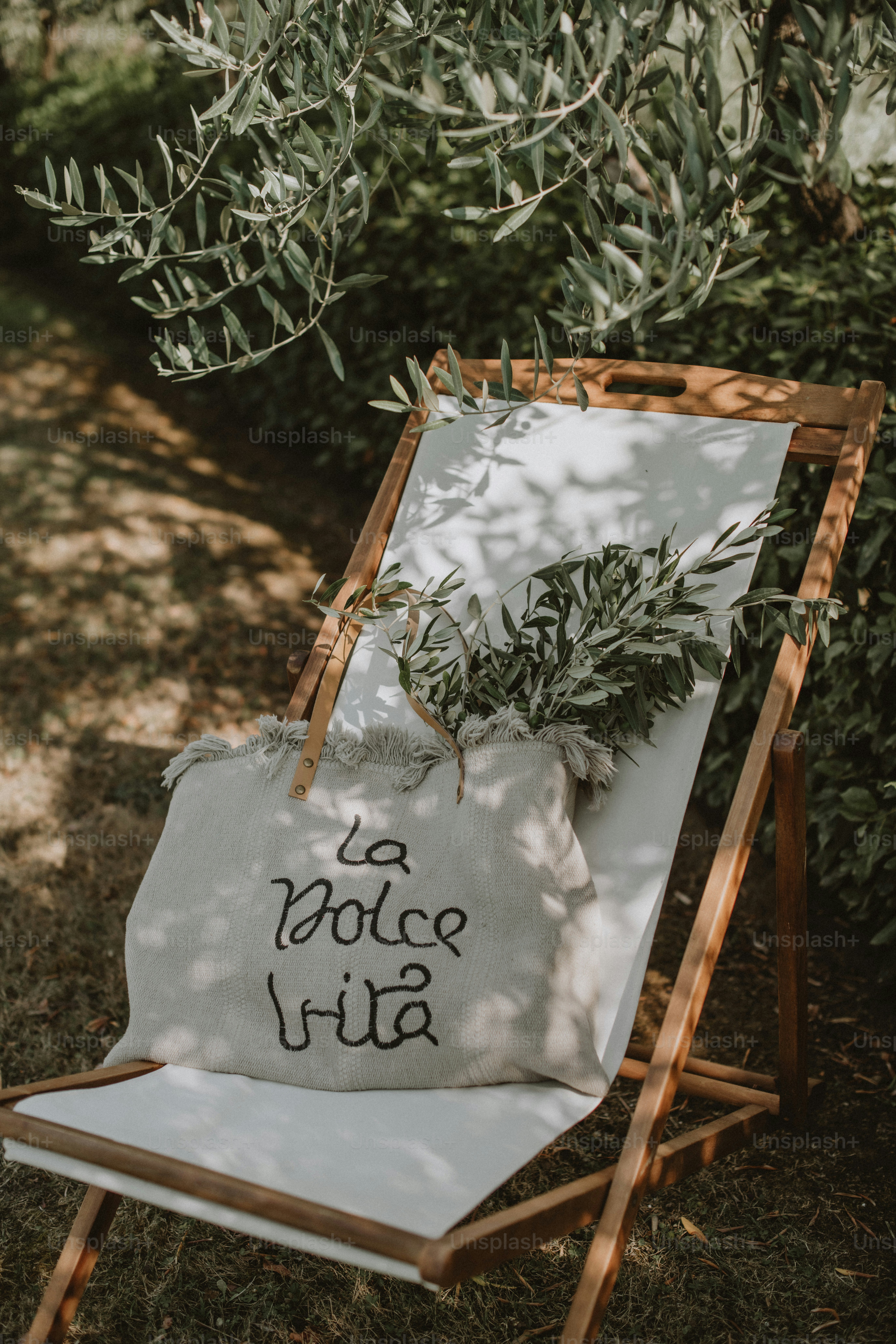 una sedia con un cuscino su di esso seduto nell'erba