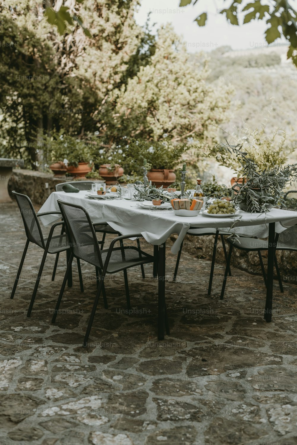 a table with a white table cloth on it