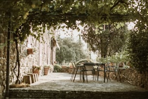 eine Terrasse mit Tisch und Stühlen unter einem Baum