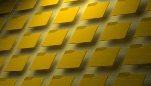 uma parede amarela com um monte de pastas sobre ele