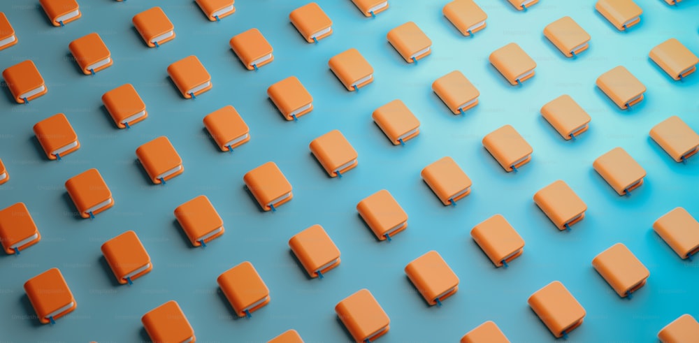 um grupo de objetos em forma de quadrado laranja em uma superfície azul