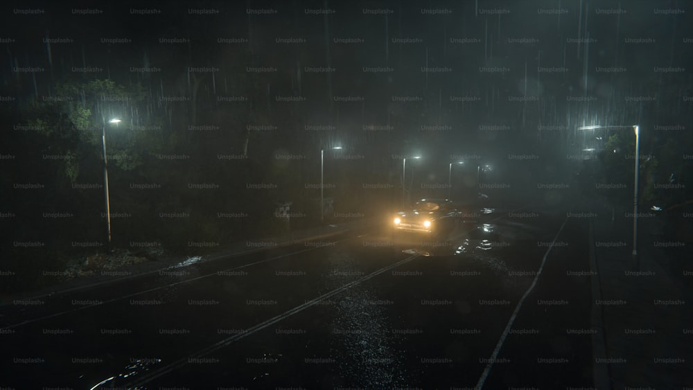 um carro dirigindo por uma estrada encharcada de chuva à noite