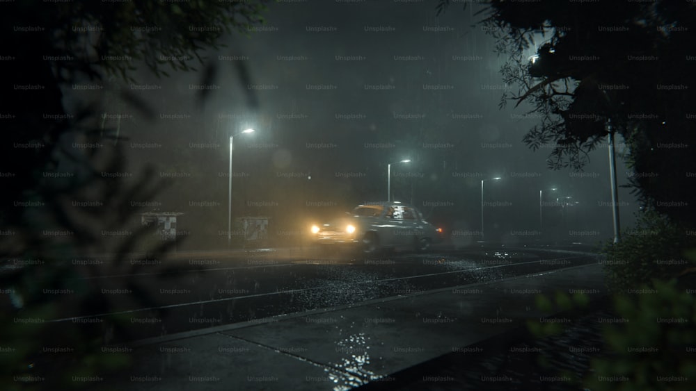a truck driving down a rain soaked road at night
