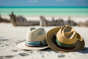two hats sitting on the sand of a beach