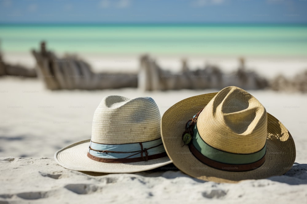 two hats sitting on the sand of a beach