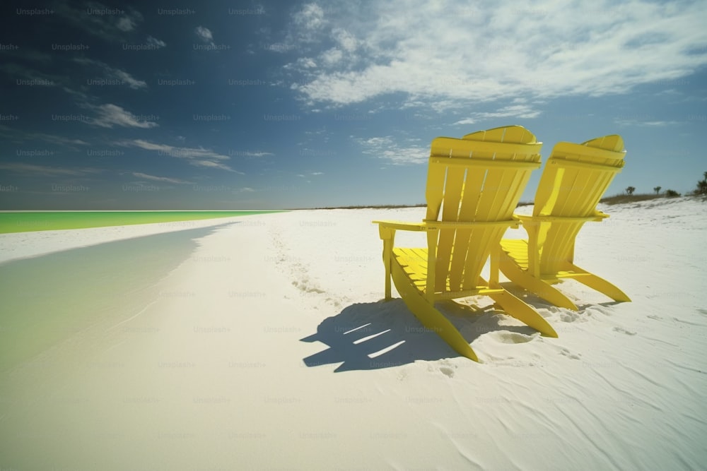 a couple of yellow chairs sitting on top of a sandy beach