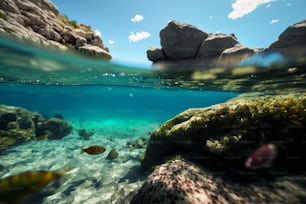 uma vista subaquática de rochas e peixes na água