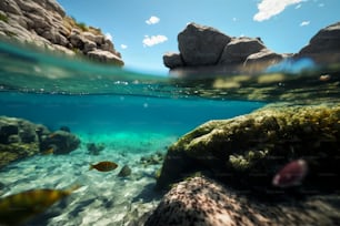 an underwater view of rocks and fish in the water