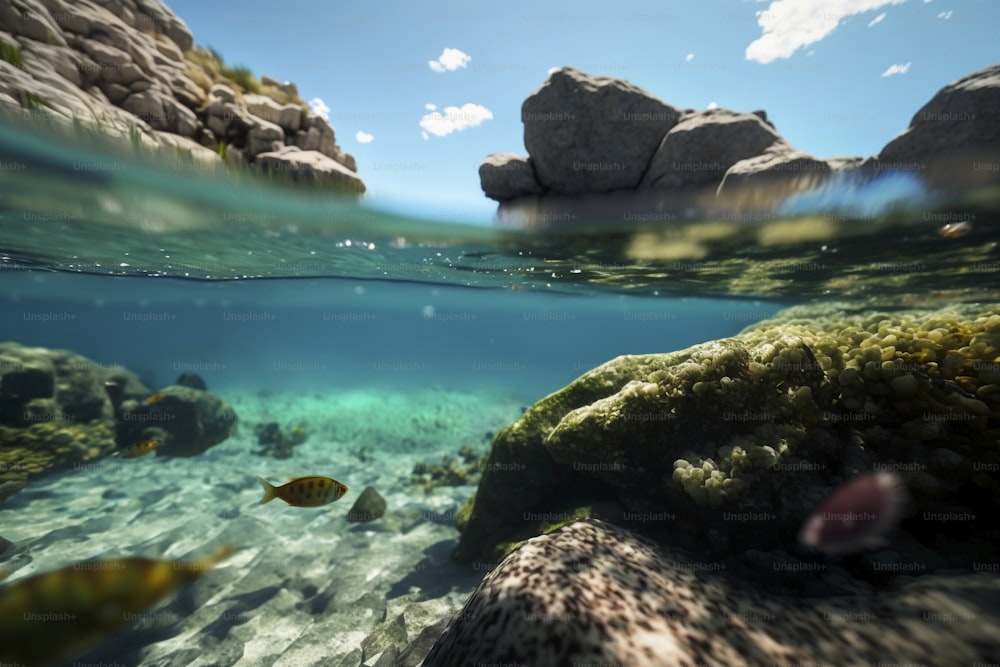 an underwater view of rocks and fish in the water