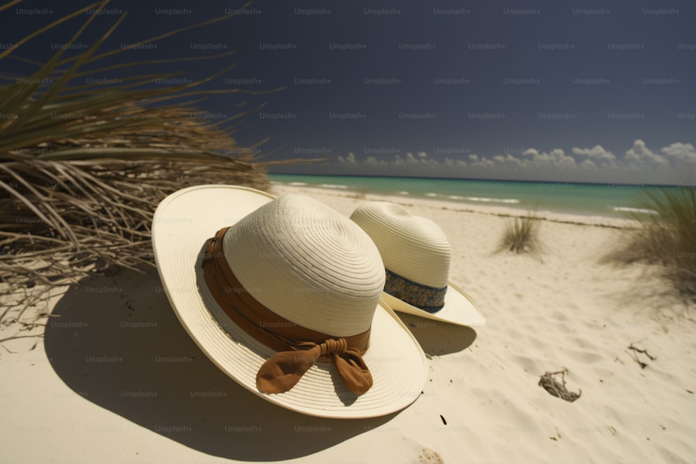 a white hat with a brown ribbon on a beach