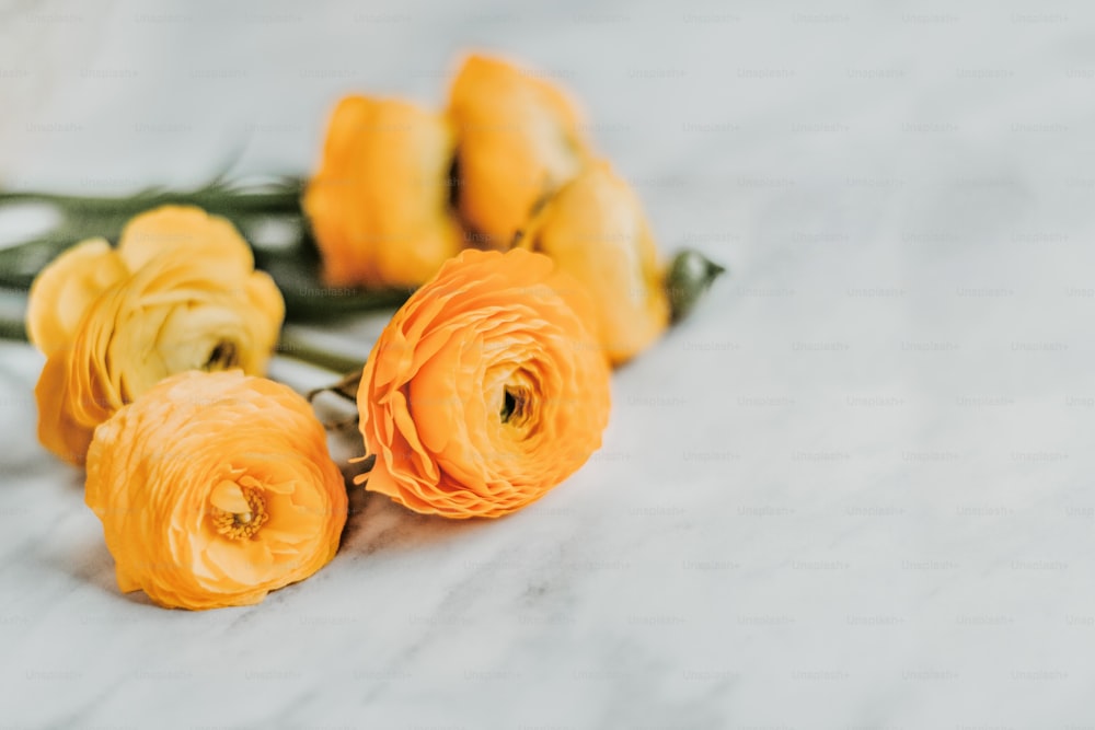 a bunch of orange flowers sitting on top of a white table