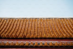 a close up of a roof with a sky background