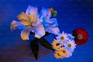 um vaso cheio de flores brancas e vermelhas