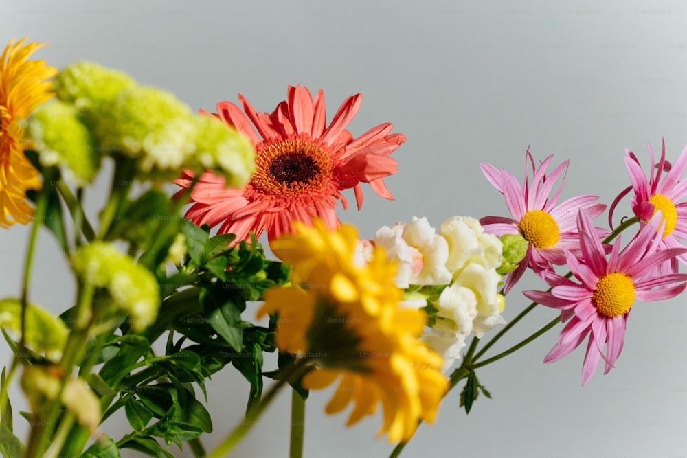 Ein Strauß verschiedenfarbiger Blumen in einer Vase