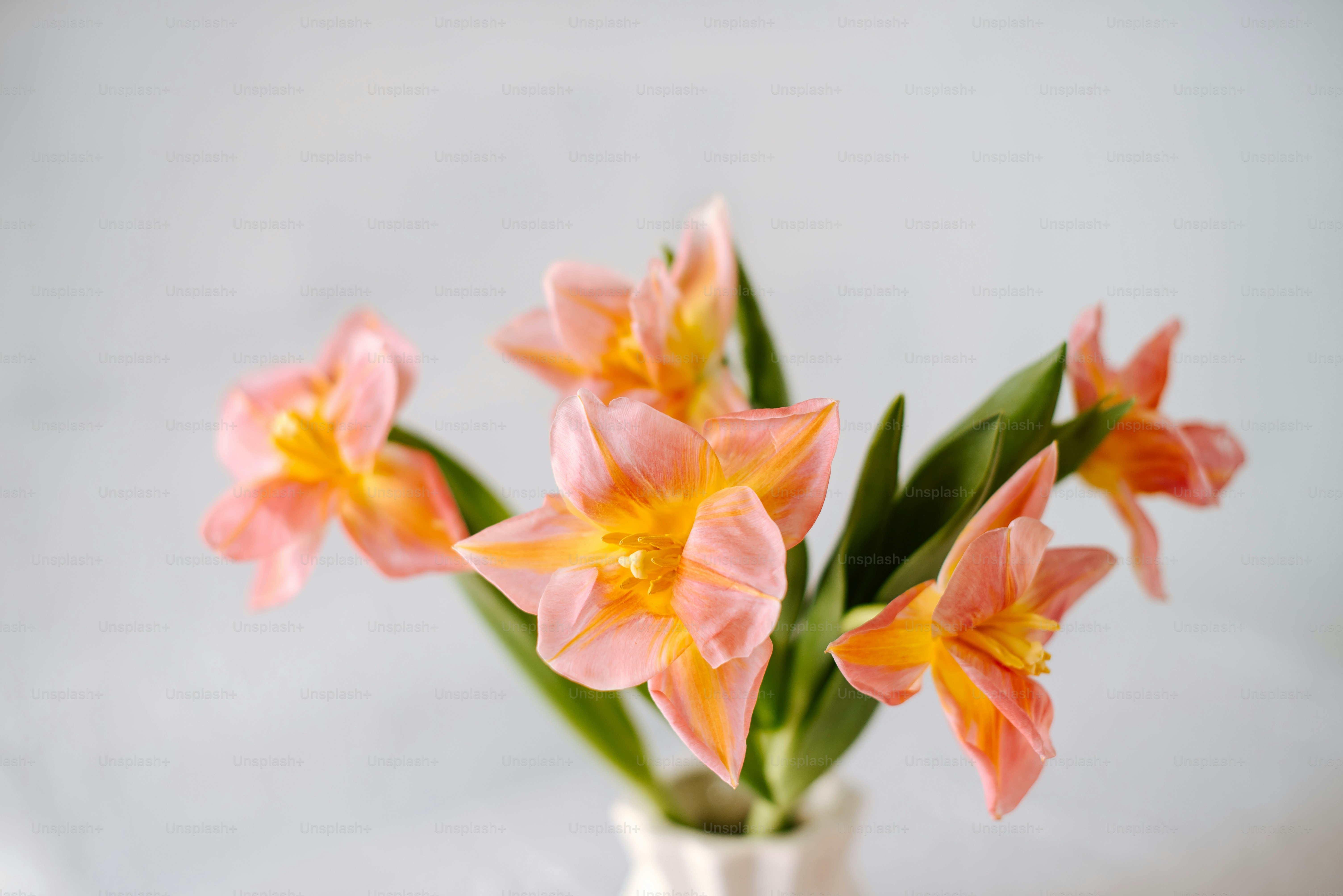 a white vase filled with pink and yellow flowers