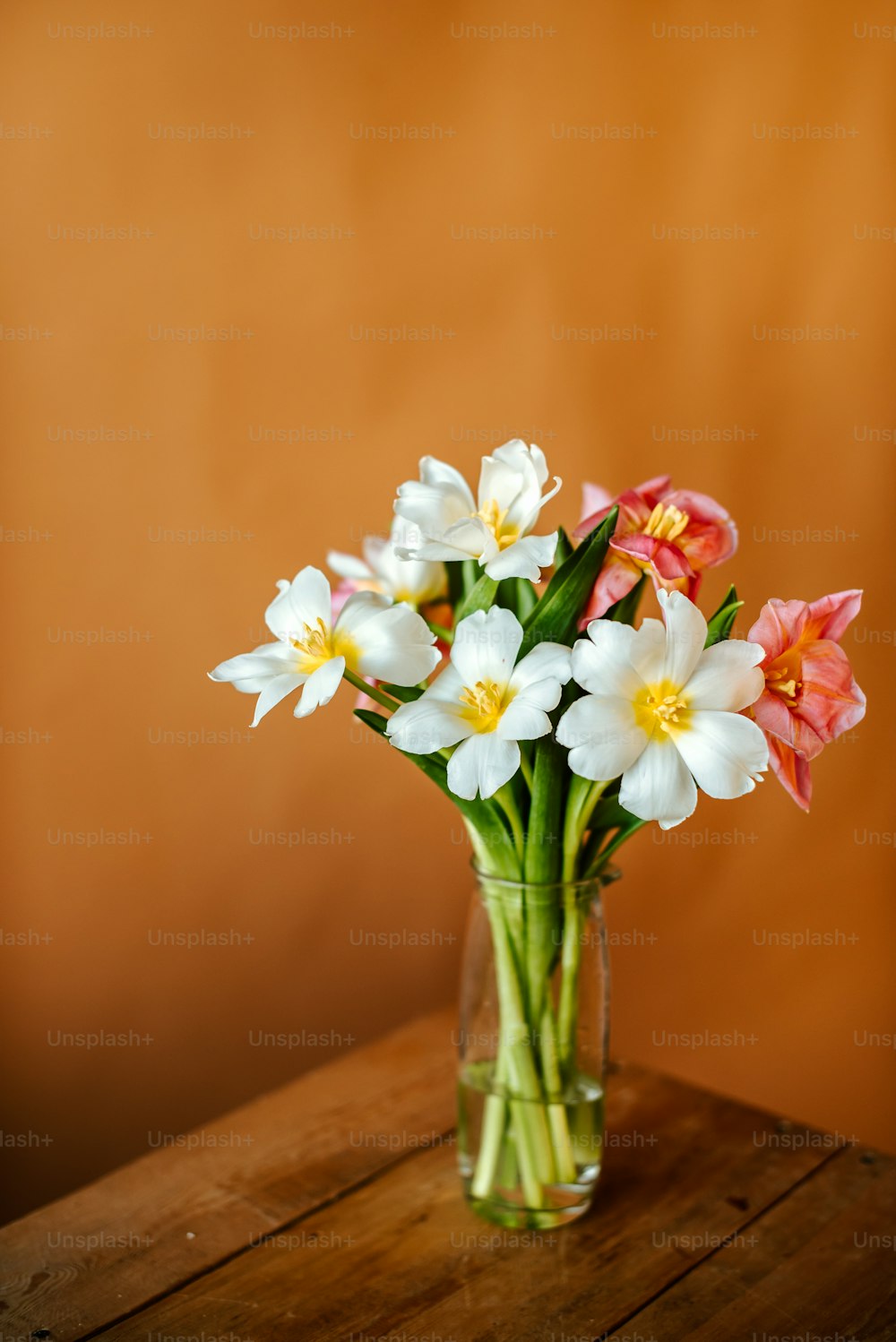 eine Glasvase gefüllt mit weißen und rosa Blumen