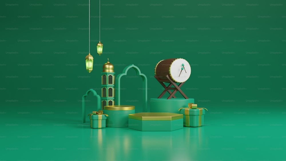 una stanza verde con un orologio e una torre