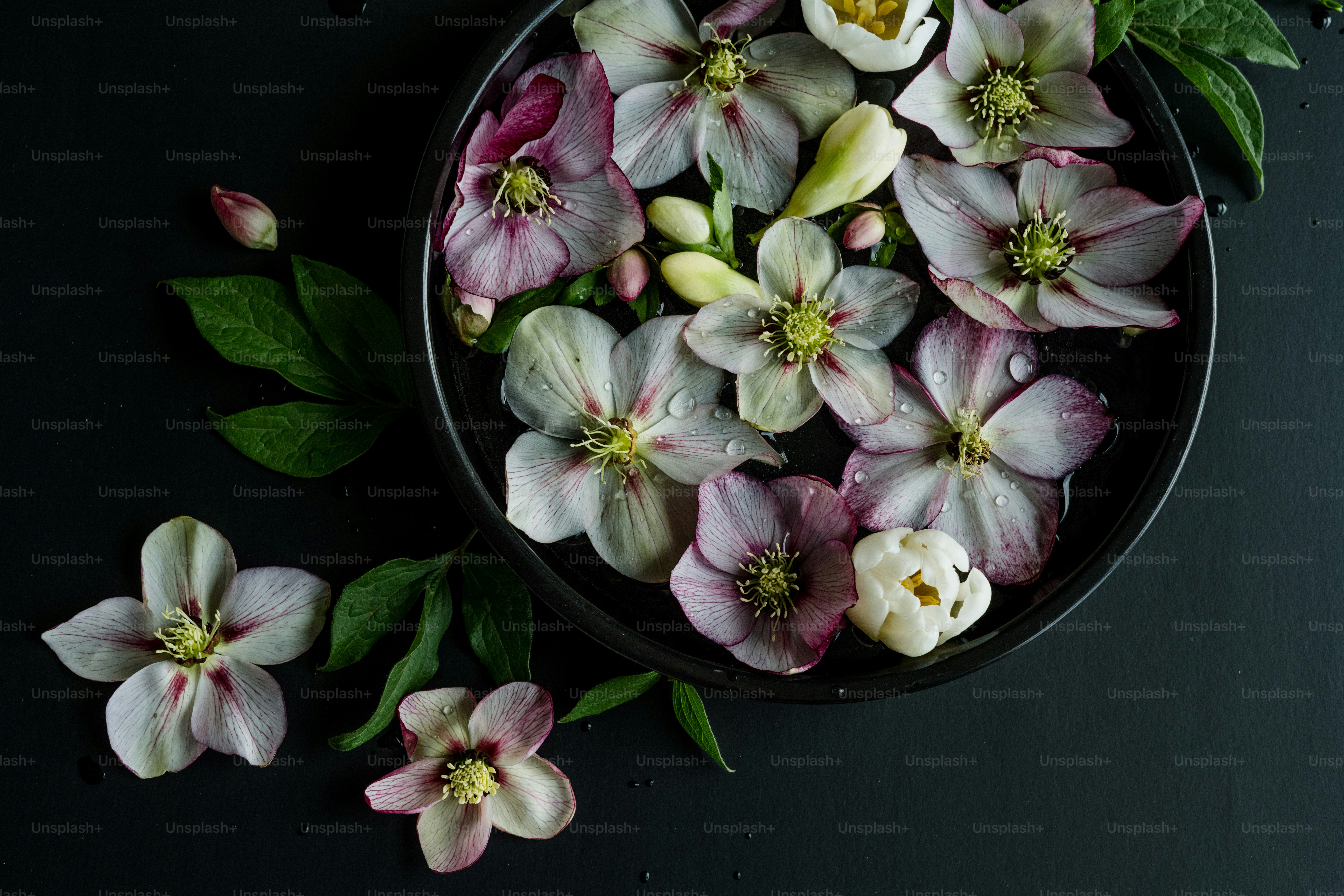 テーブルの上に花がいっぱいのボウル
