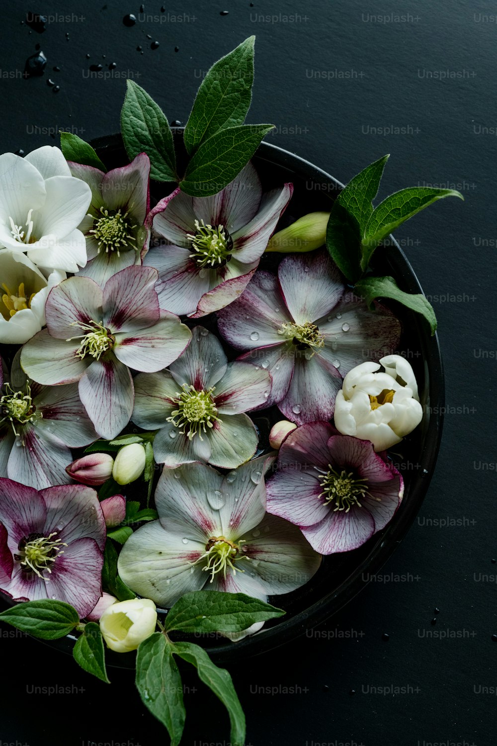 uma tigela preta cheia de flores brancas e cor-de-rosa