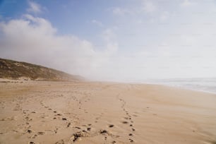 모래에 발자국이있는 모래 해변