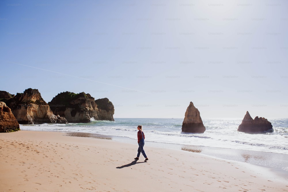 Una persona caminando en una playa junto al océano
