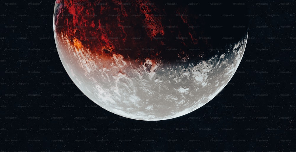 a close up of a red and white moon